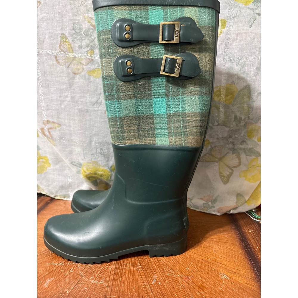 Womens Tall Hunter Green Plaid Rubber Rain Boots Knee High Waterproof Wellies - Picture 7 of 10